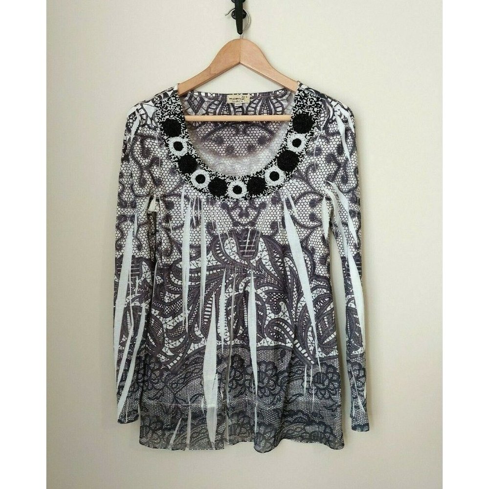One World Top- Black White Beaded Sublimation Print Long Sleeve Tunic Blous
